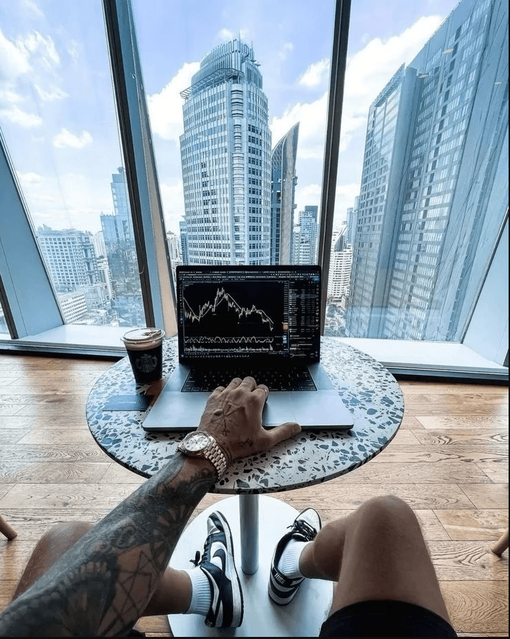 Serge Wolfgang Duff analyzing market data in a high-rise office
